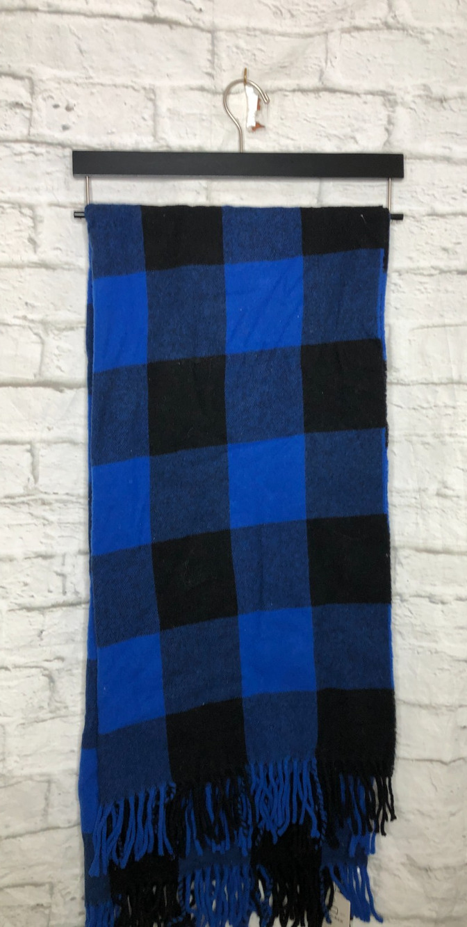 Woolrich Blanket Blue Black Buffalo Check Plaid Wool Throw Made in Italy Fringe